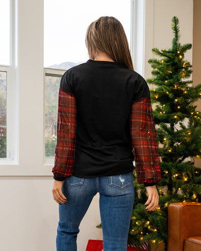 DOORBUSTER! Black V Neck Top With Sheer Plaid Sleeves Heimish