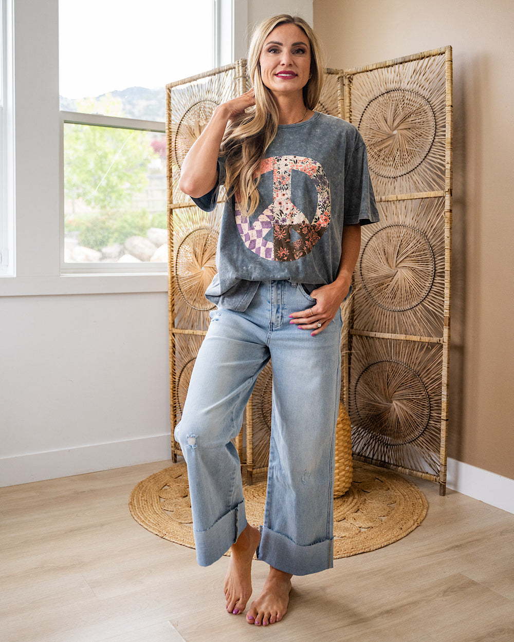 Patchwork Peace Sign Gray Denim Mineral Wash Tee Zutter