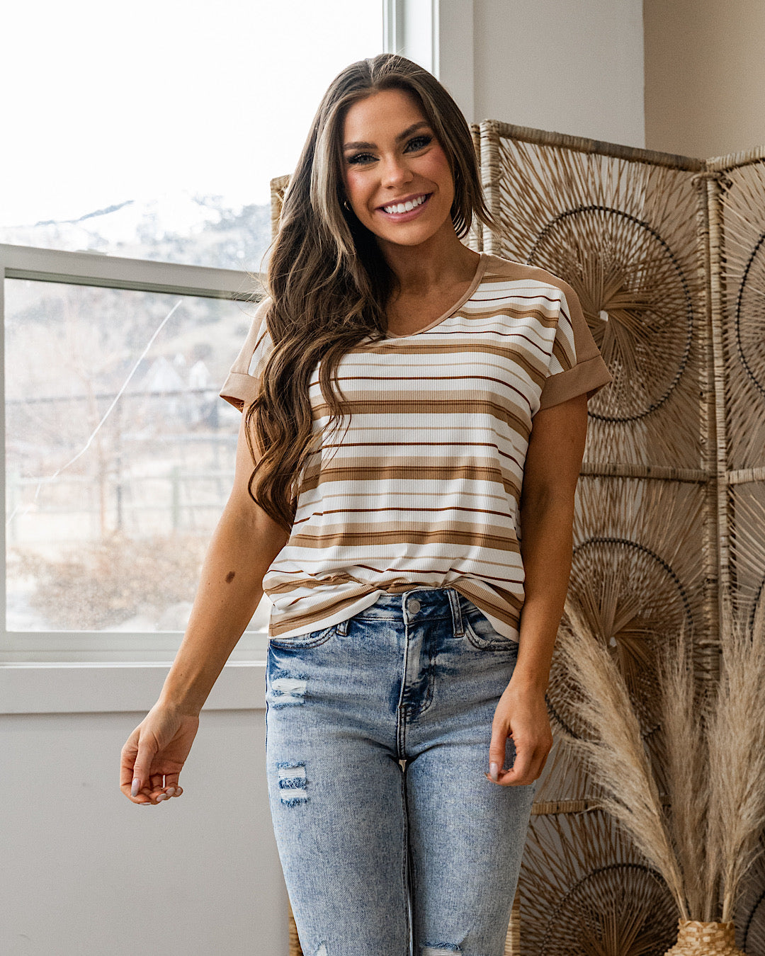 NEW! Kimmy Striped Color Block V Neck Top - Taupe Staccato