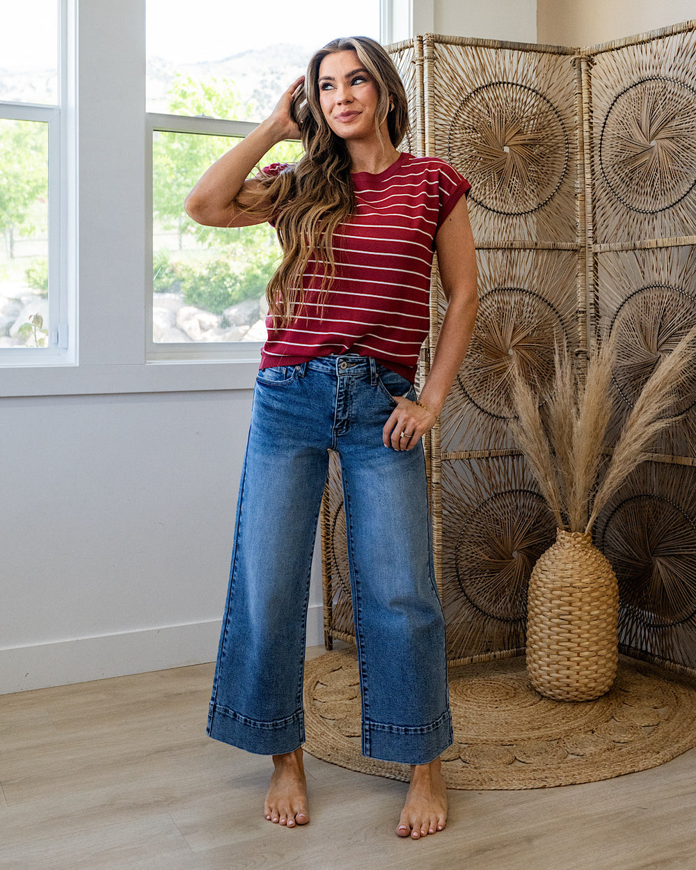 NEW! Allie Striped Short Sleeve Sweater - Marsala Staccato