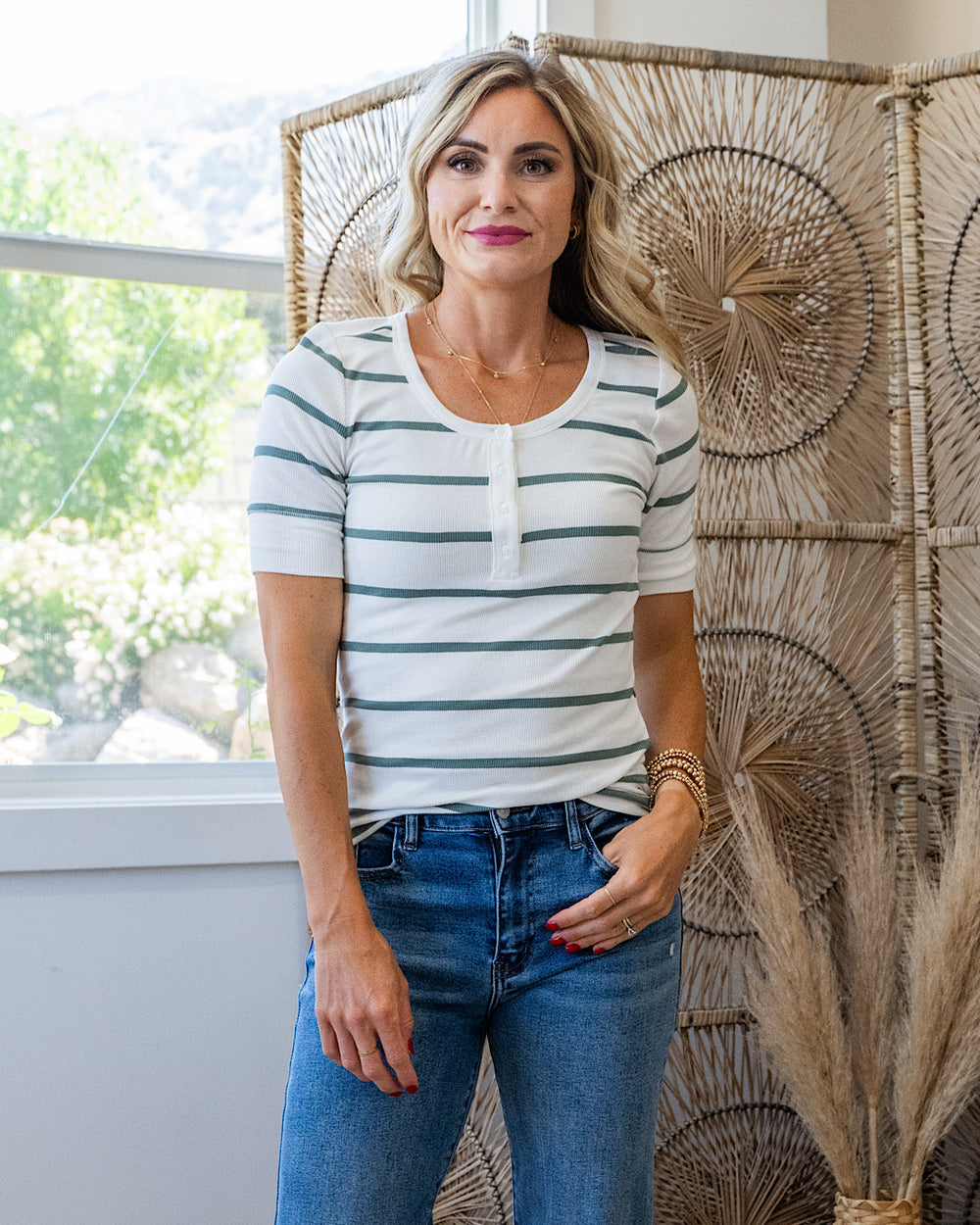 Carrie Ribbed Scoop Neck Striped Henley Top - Color Options Available! Be Cool Spruce
