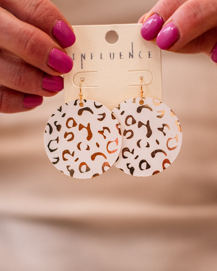 Ivory and Gold Leopard Round Metal Earrings Trendy Wholesale