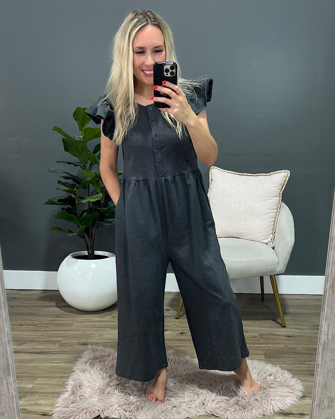 Delaney Flutter Sleeve Jumpsuit - Charcoal  Lovely Melody   