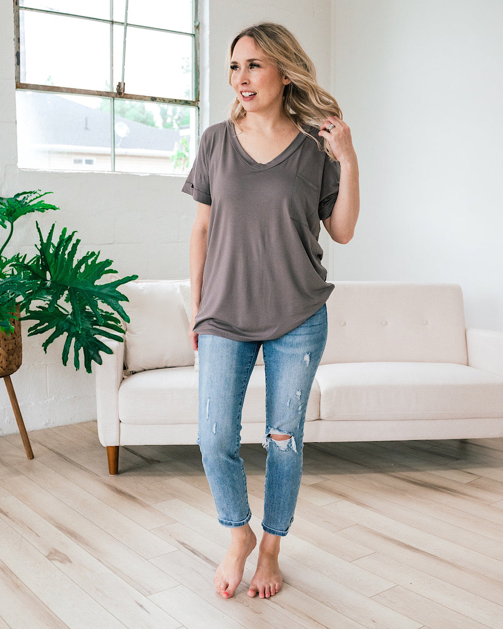 Bexley Ash Gray Boyfriend V Neck Top FINAL SALE  Sew In Love   