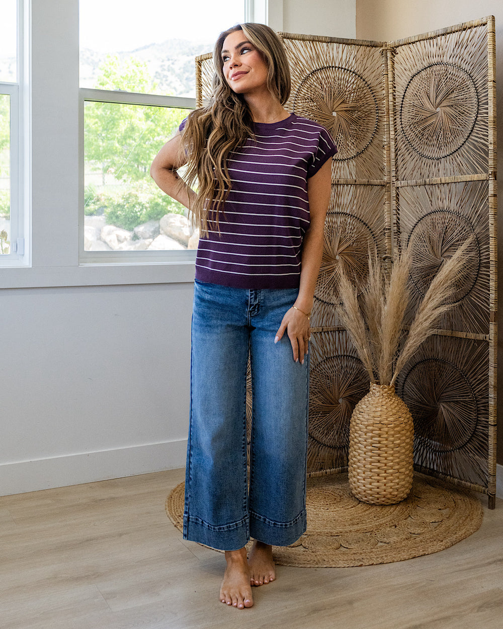 NEW! Allie Striped Short Sleeve Sweater - Eggplant Staccato