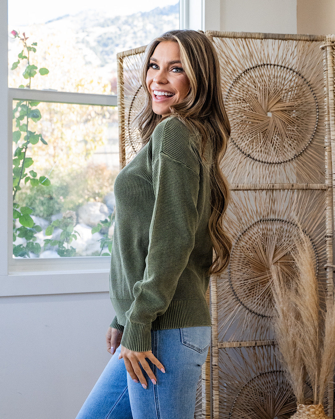 NEW! Called It All Off Washed Waffle Knit Sweater - Olive