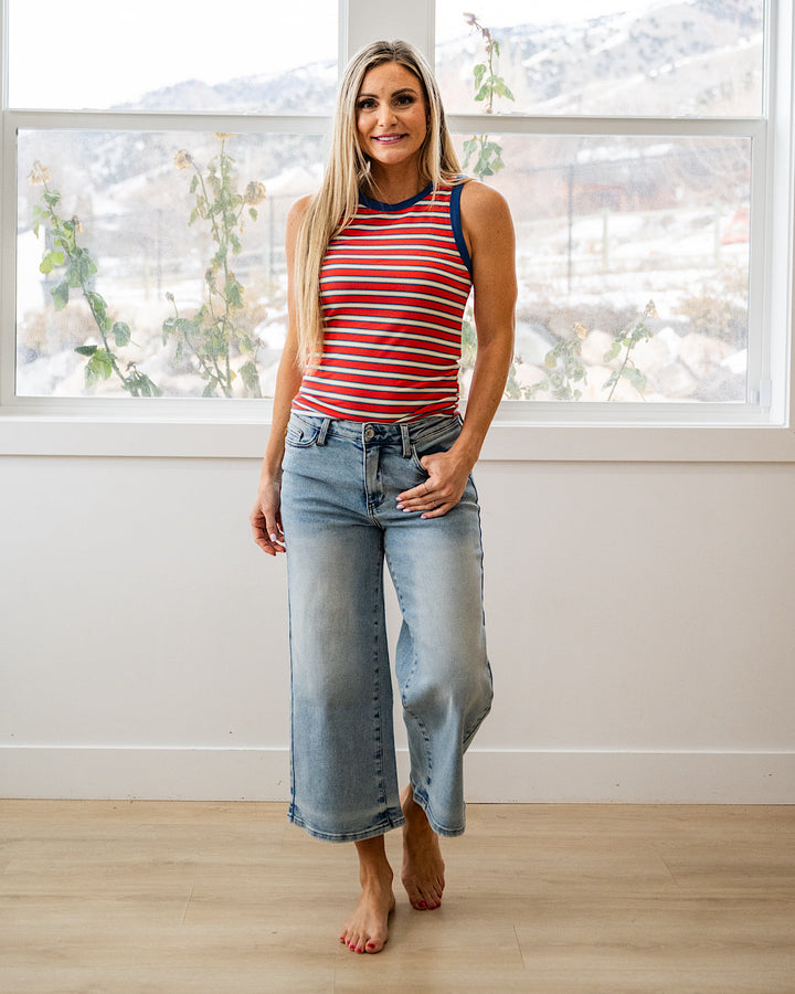 NEW! Esme Ribbed Contrast Striped Tank Top - Coral & Blue Wishlist