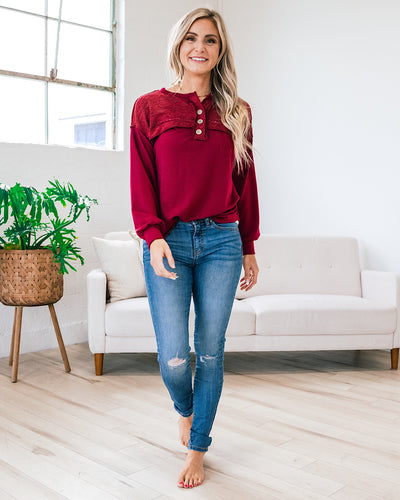Jasmine Burgundy Lace Henley Top FINAL SALE  7th Ray   