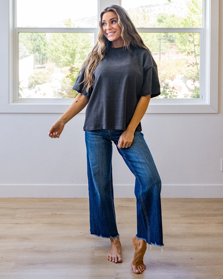 NEW! Paisley Corded Short Sleeve Top - Charcoal