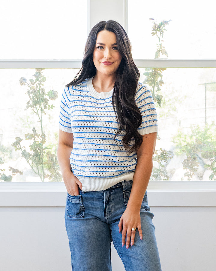 NEW! Kaitlyn Open Knit Striped Sweater Top - Blue Staccato