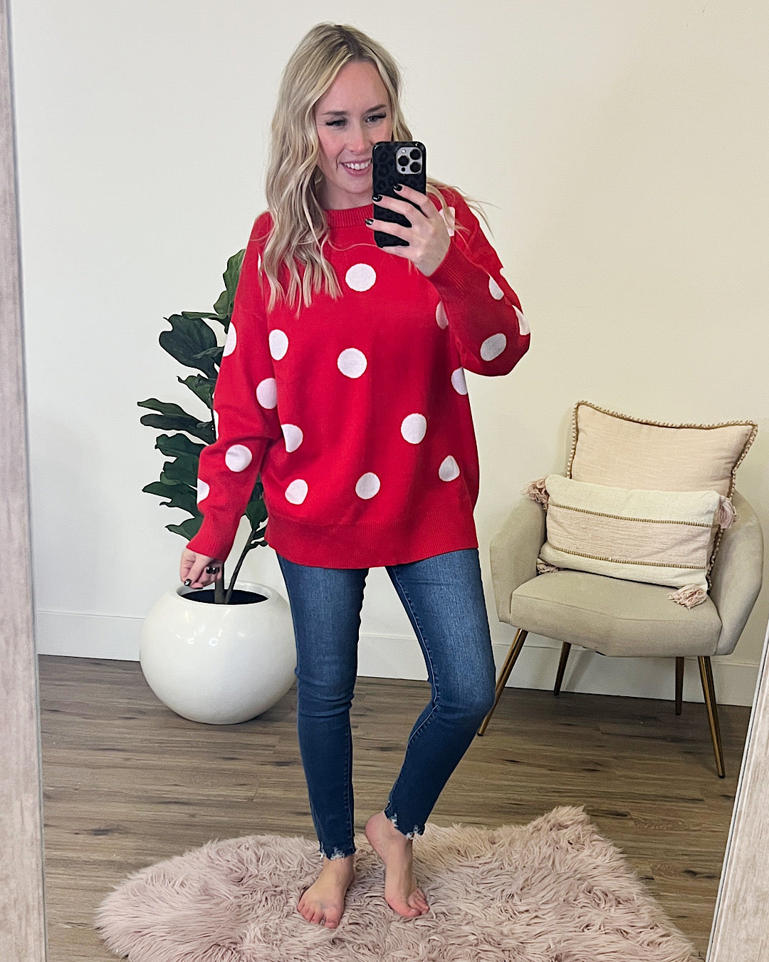 Christmas Cheer Red with White Polka Dot Sweater FINAL SALE  First Love   