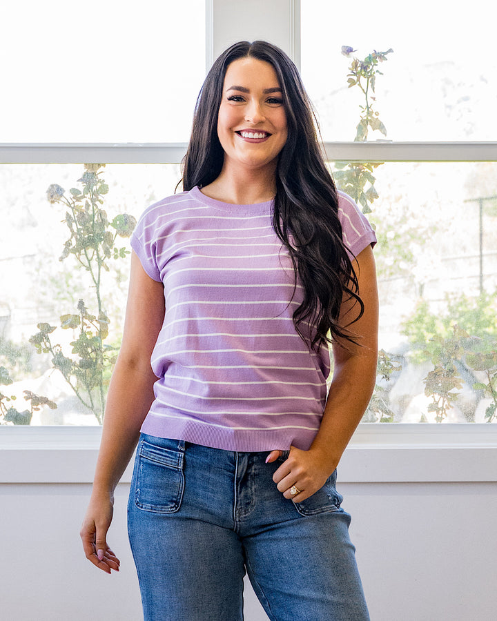NEW! Allie Striped Short Sleeve Sweater - Lavender Staccato