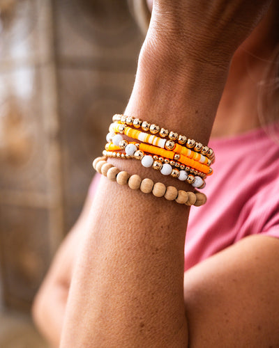 NEW! Gold, Orange and Wooden Beaded Bracelet Set  Trendy Wholesale   