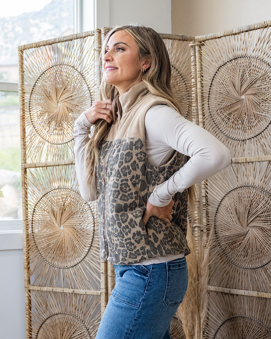 Corduroy Leopard Print Puffer Vest - Taupe