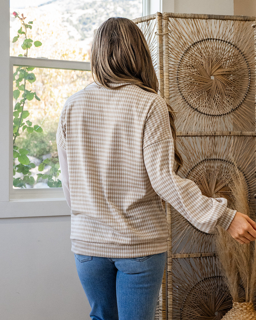 NEW! Cassie Mixed Fabric Henley Top - Taupe Lovely Melody
