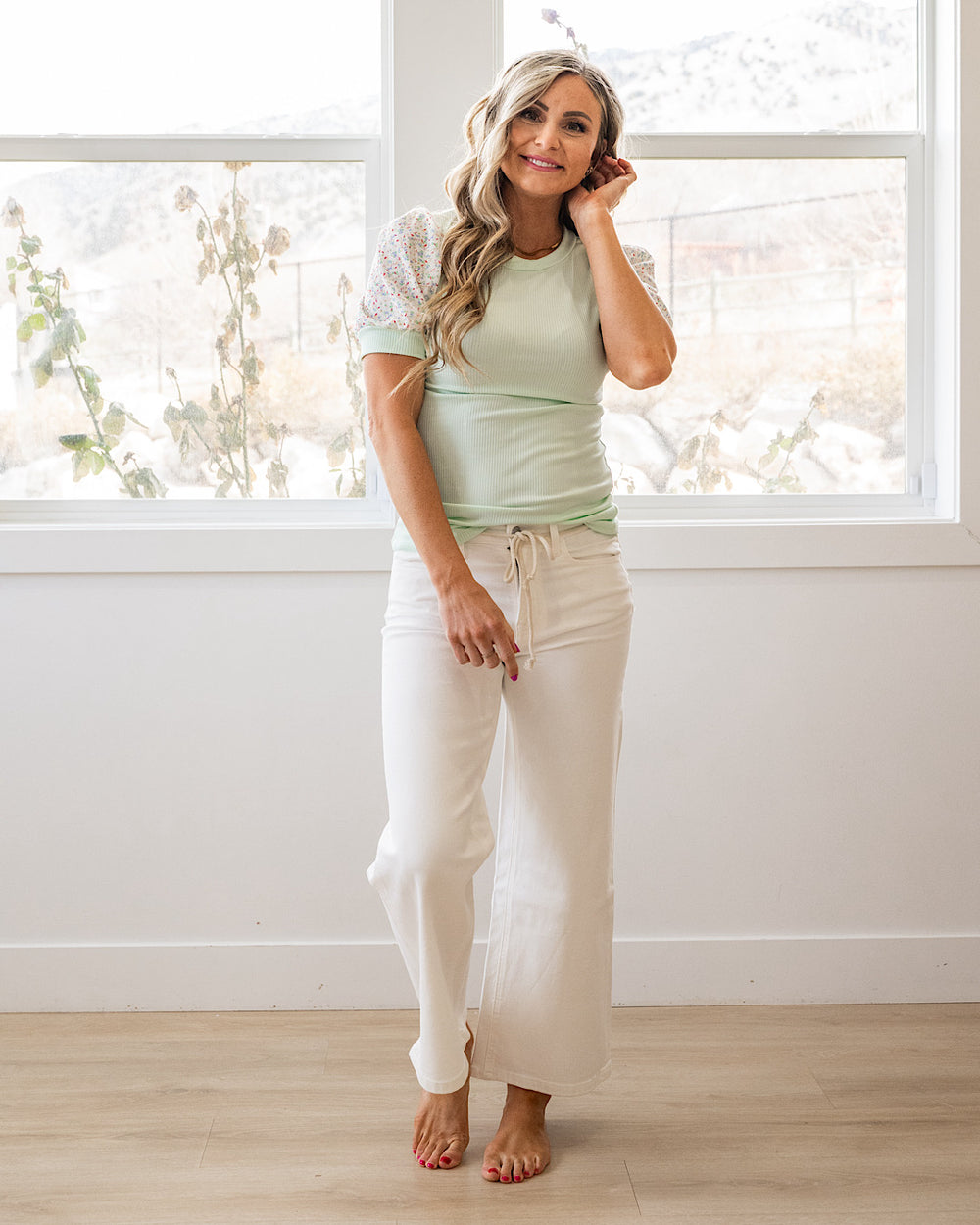 NEW! Leilani Ribbed Floral Puff Sleeve Top - Mint Lovely Melody