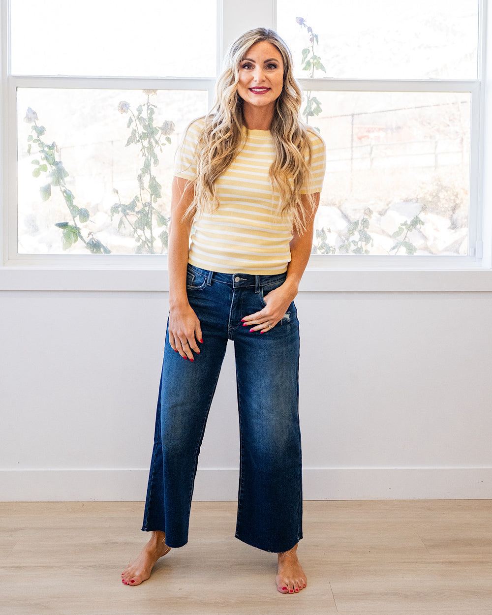 NEW! Delaney Striped Short Sleeve Sweater Top - Yellow Be Cool