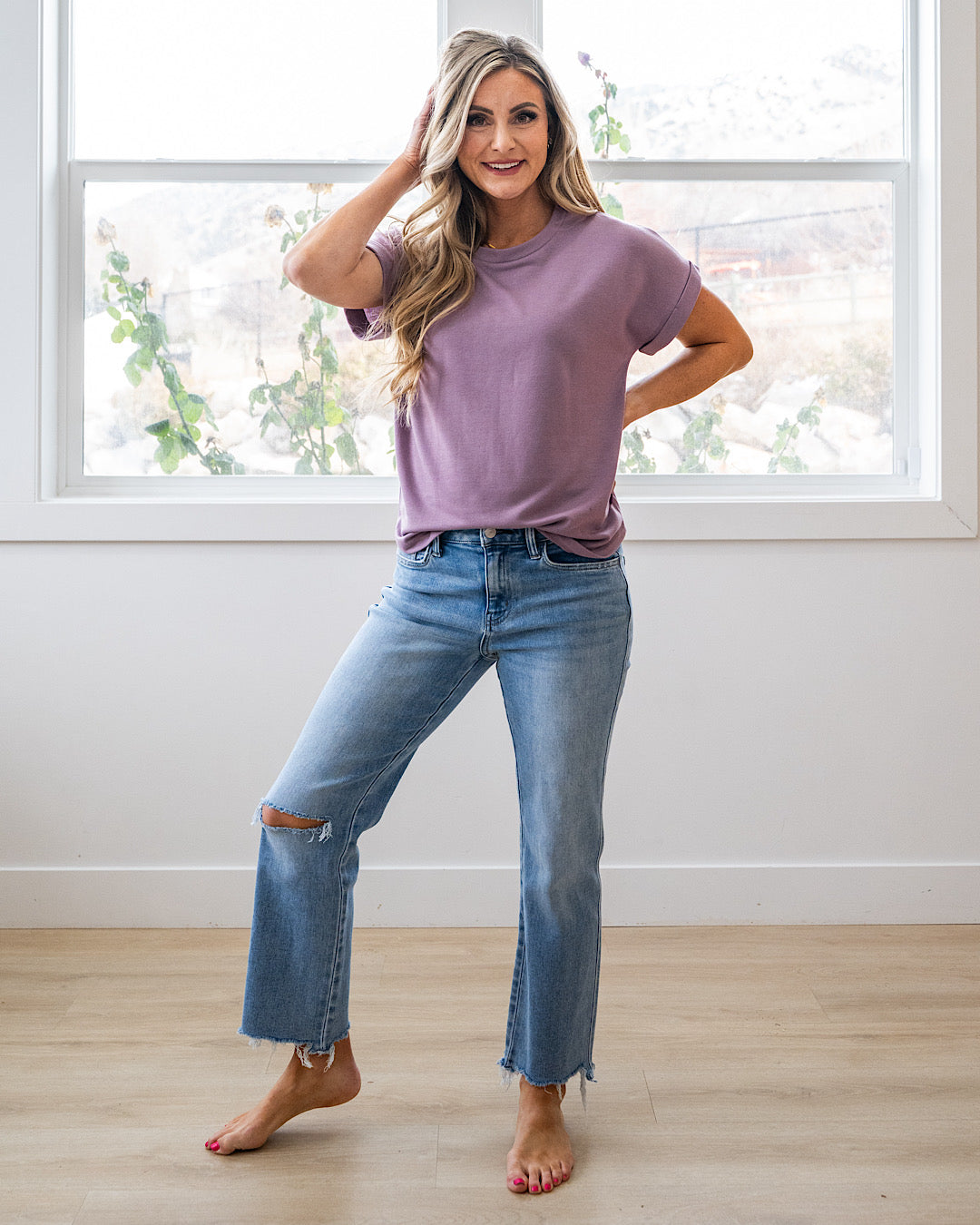 NEW! Melissa Roll Sleeve Top - Dusty Lavender Staccato