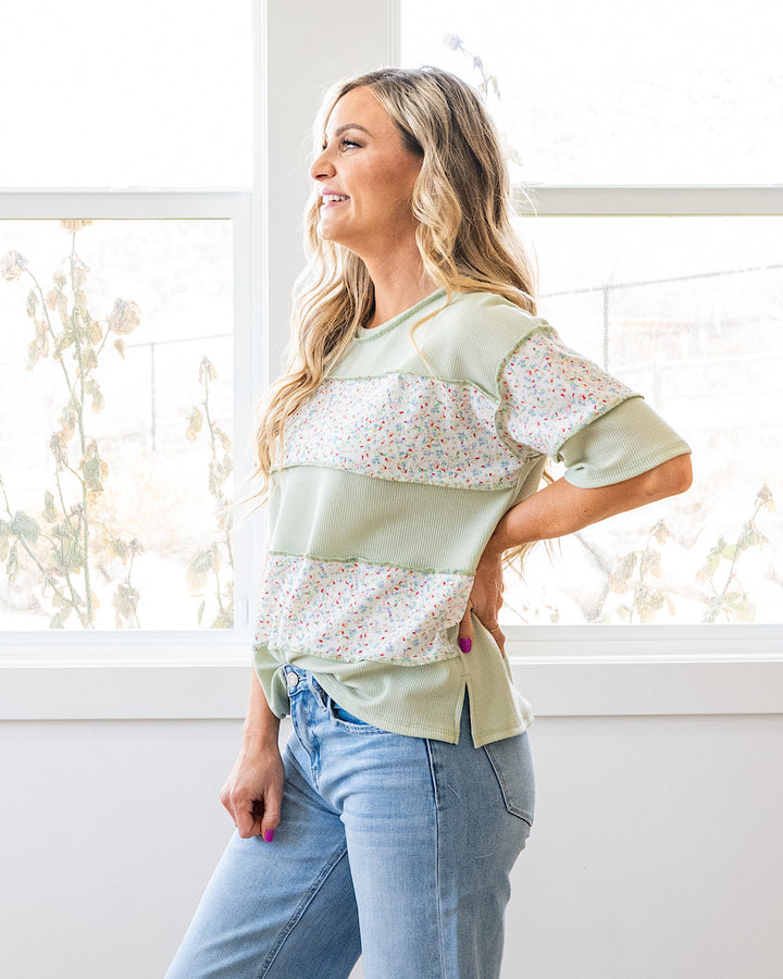 NEW! Camila Floral Color Block Top - Sage Lovely Melody