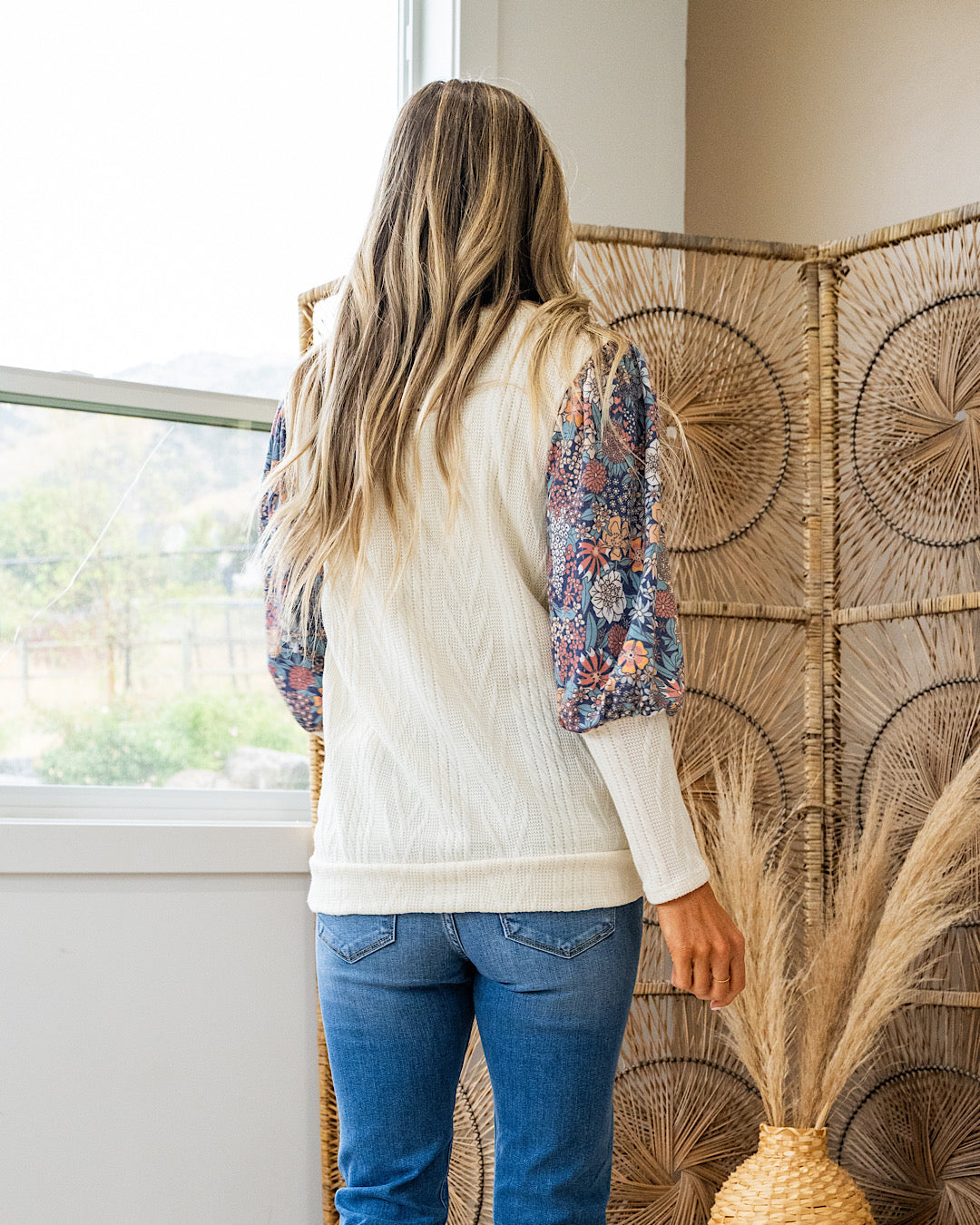 Jessie Cable Knit with Floral Sleeve Top - Ivory Lovely Melody