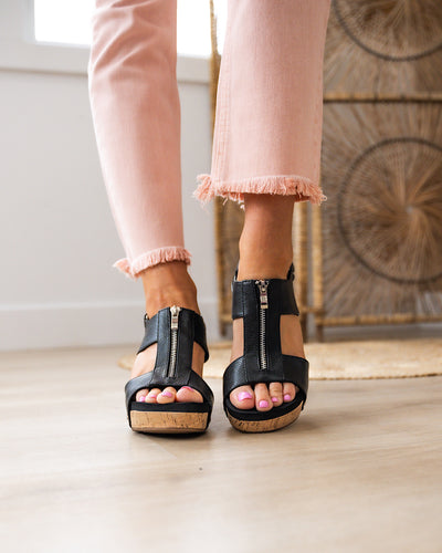NEW! Corkys Zip It Good Wedge Sandals - Black  Corkys Footwear   