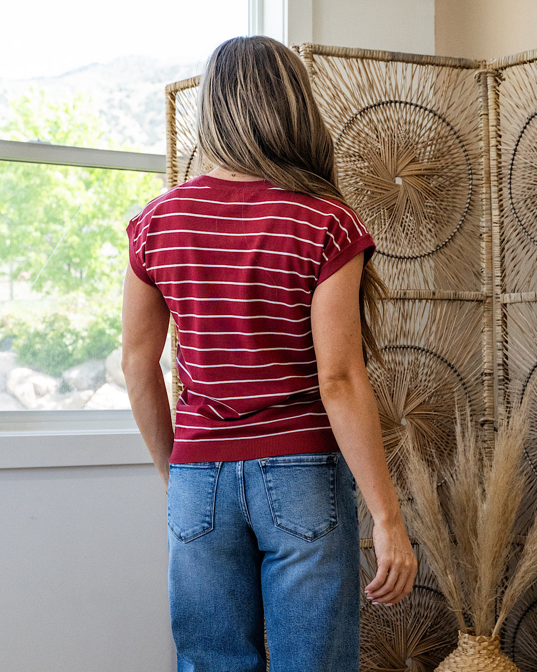 NEW! Allie Striped Short Sleeve Sweater - Marsala Staccato