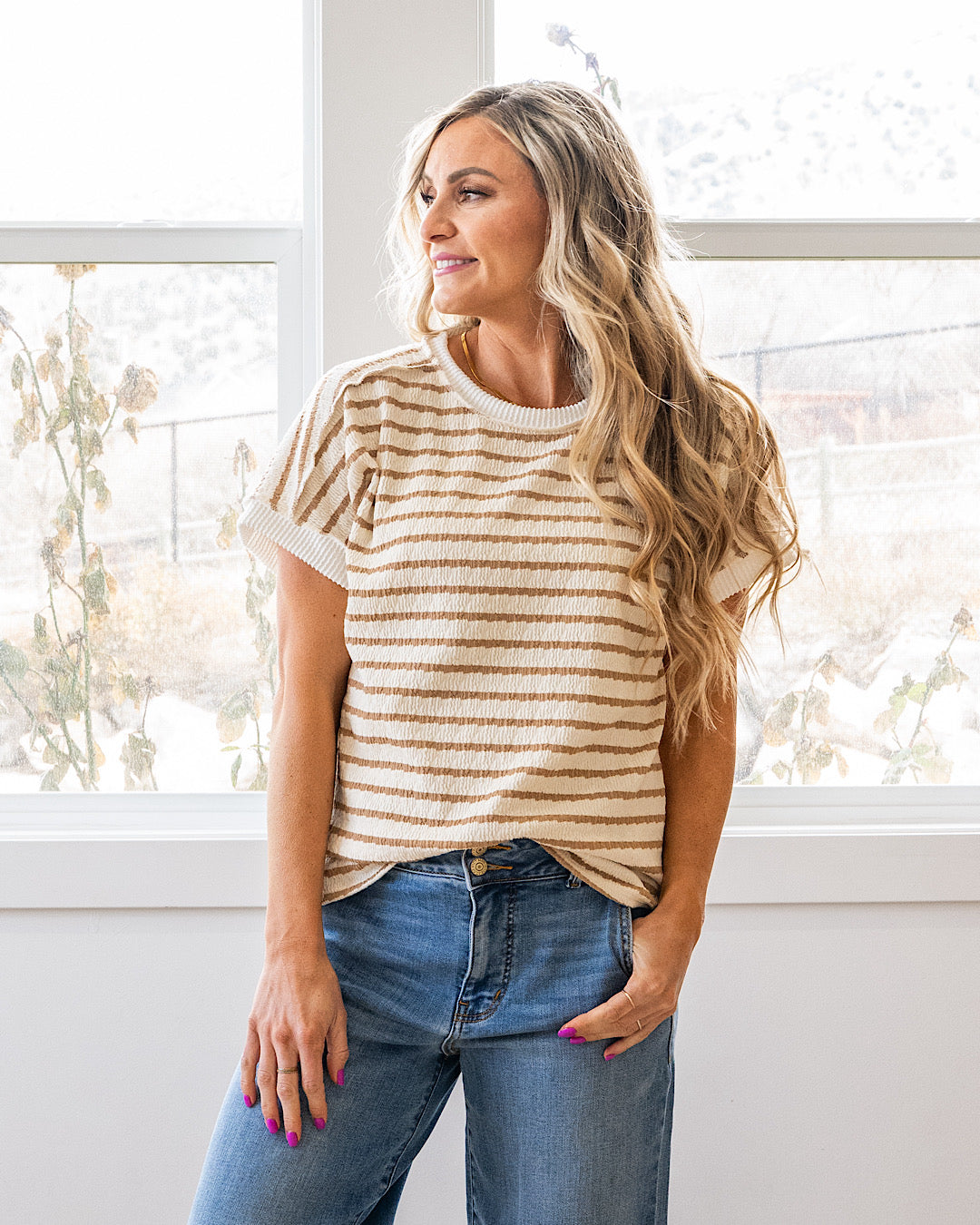 NEW! Devri Textured Striped Top - Mocha