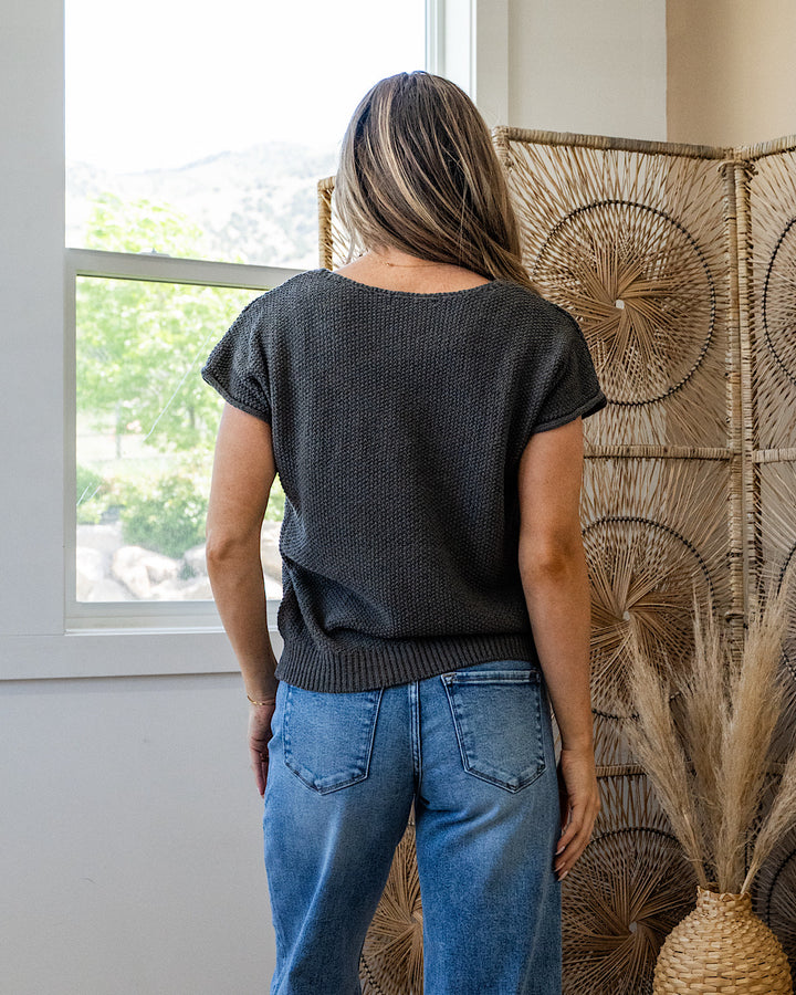 NEW! Raquel Open Weave Short Sleeve Sweater - Gun Metal Staccato
