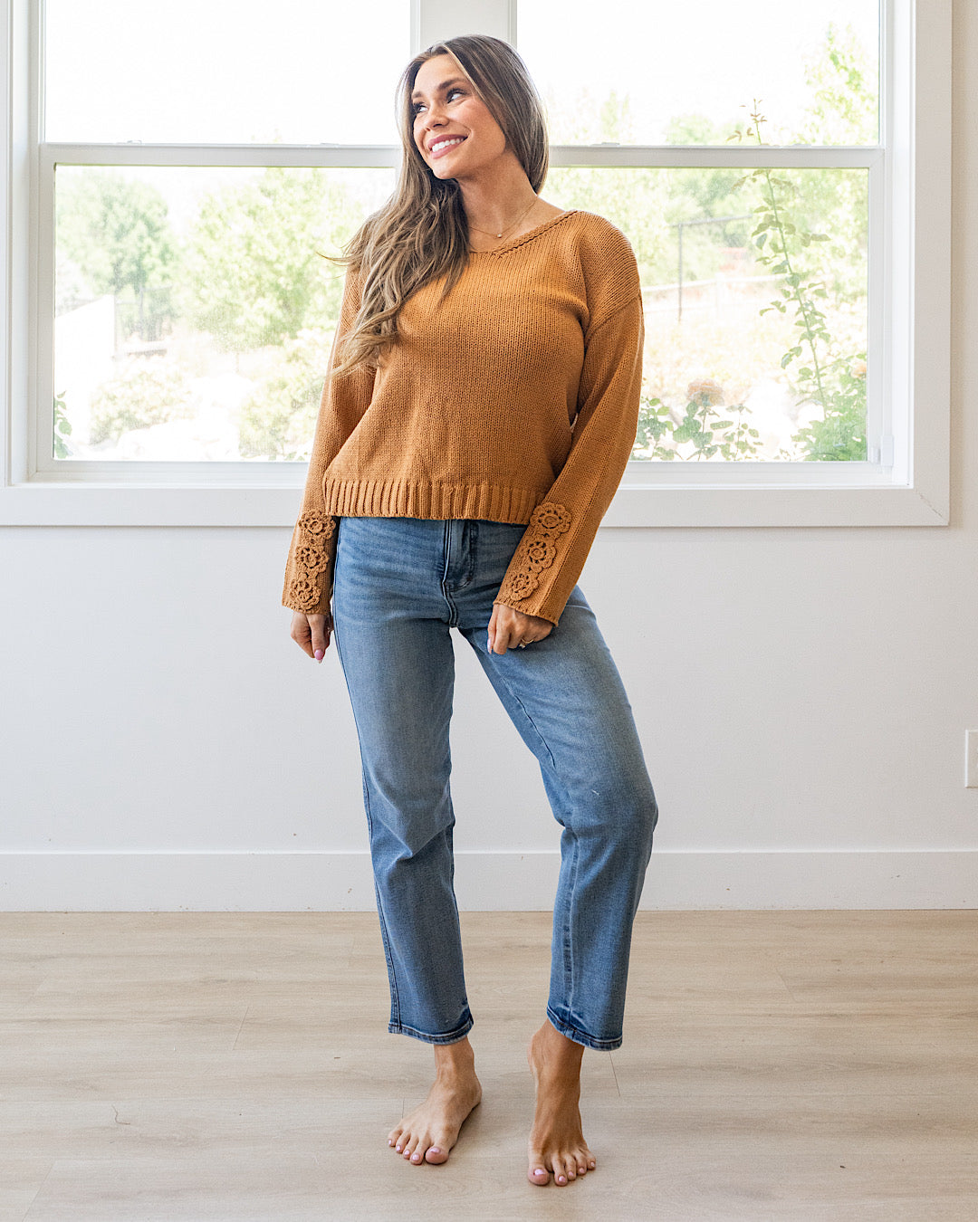 NEW! Ella Crochet Sleeve Sweater - Camel