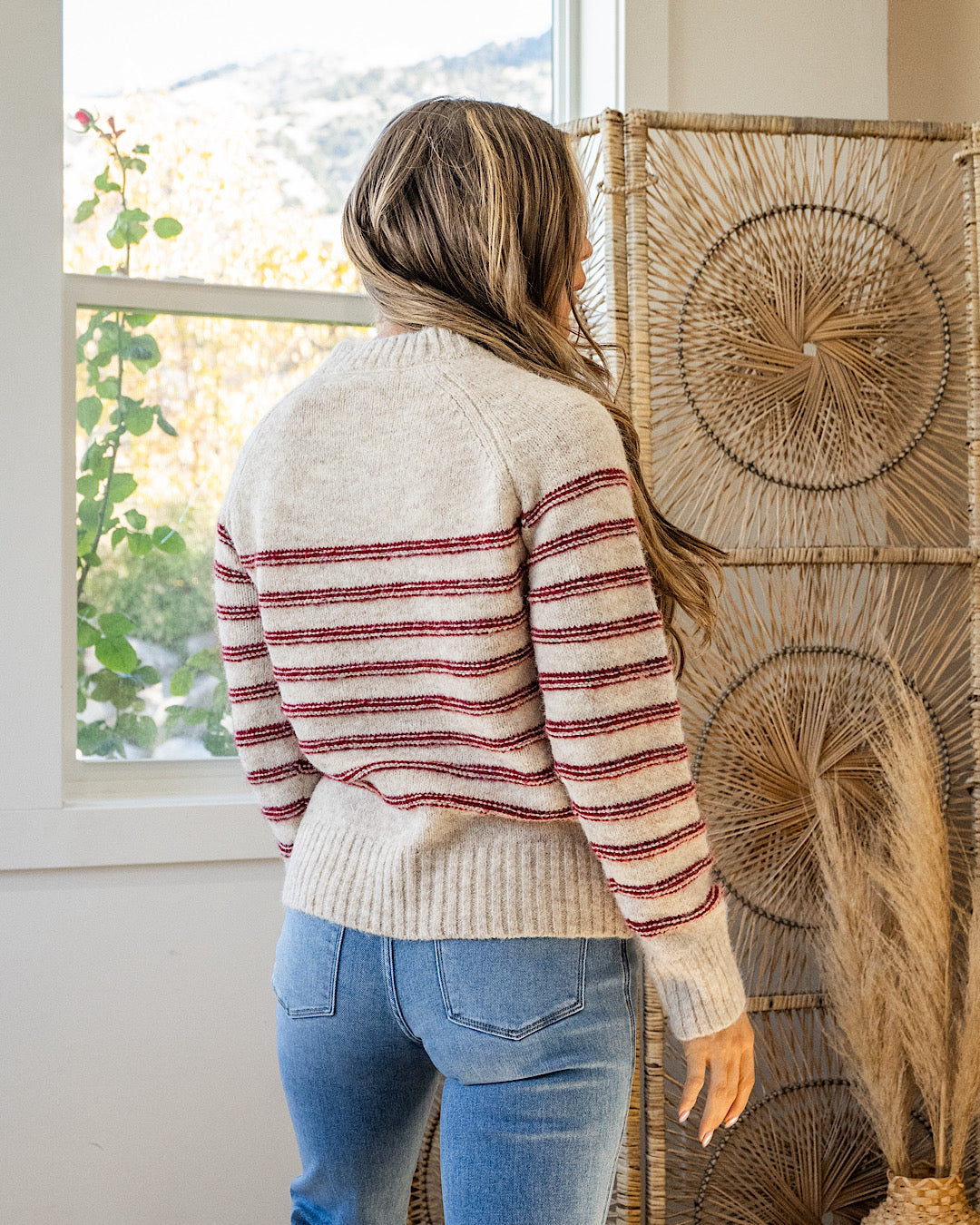 NEW! Fireside Striped Henley Sweater - Oatmeal & Red