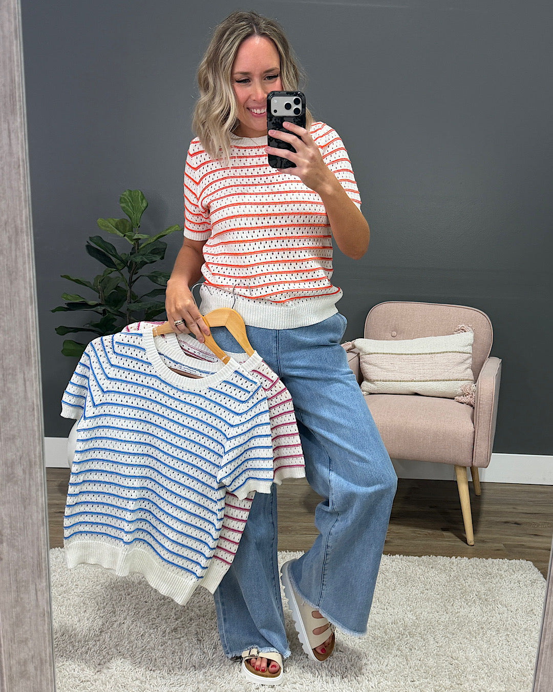 トップス l'appartementCROPPED KNIT With line Kaitlyn Open Knit Striped Sweater Top - Magenta