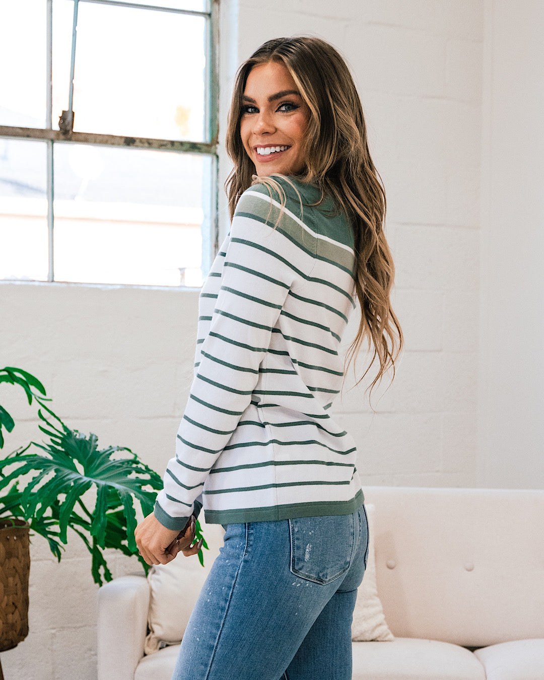 Easy Does It Olive Striped Lightweight Sweater  Staccato   