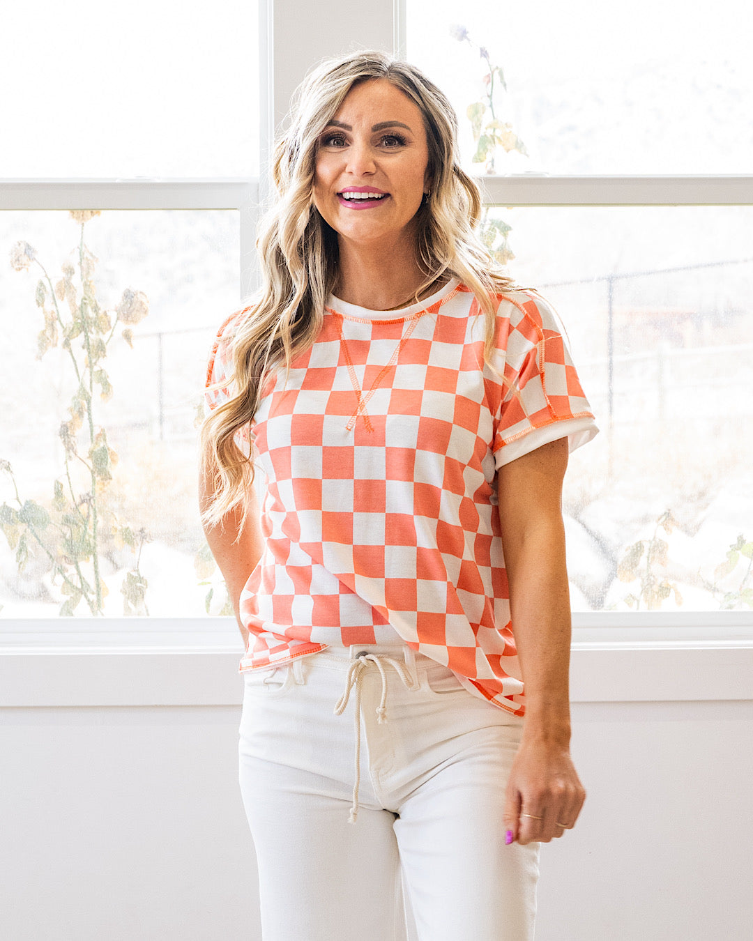 NEW! Kaya Checkered Top - Light Orange Lovely Melody