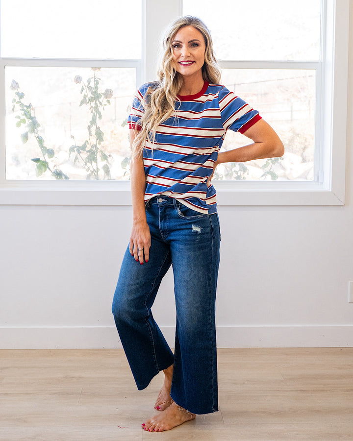 NEW! Shauna Contrast Striped Top - Denim & Burgundy Staccato