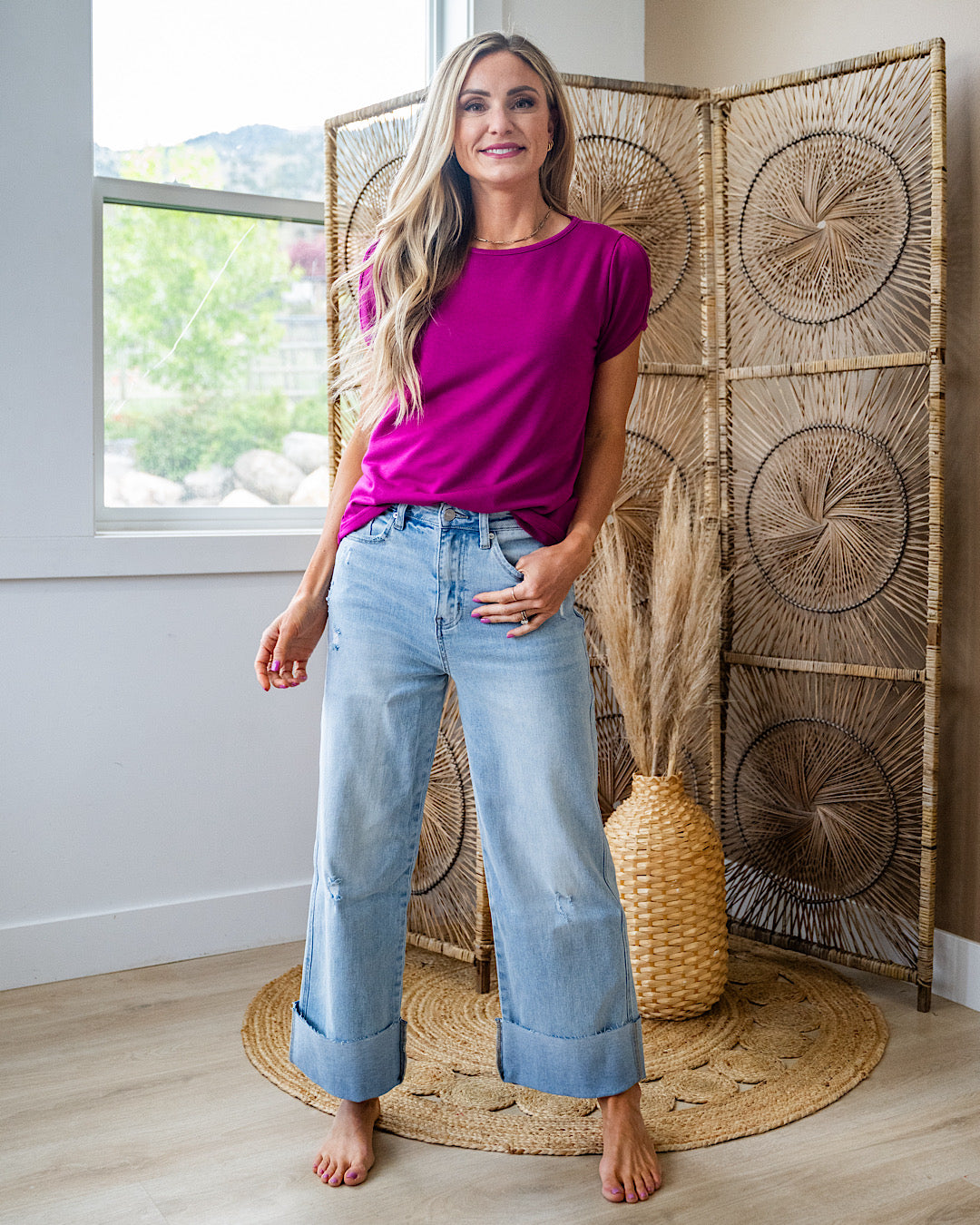 Monroe Caged Sleeve Detail Top - Magenta Staccato