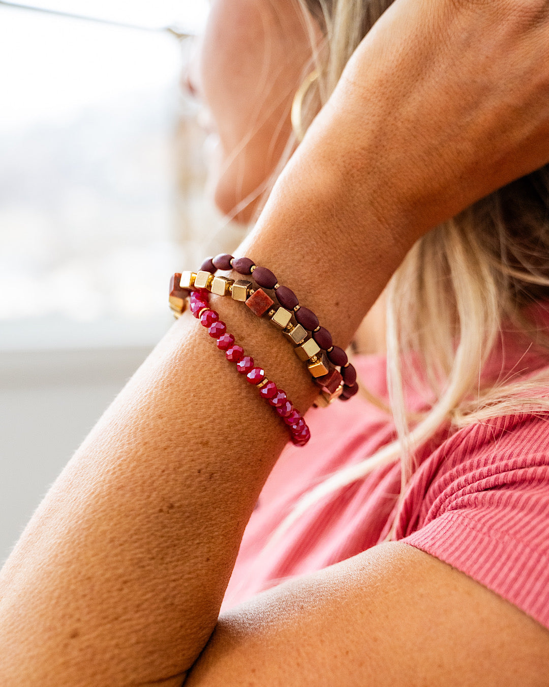 Gold and Wine Beaded Bracelet Set  Trendy Wholesale   