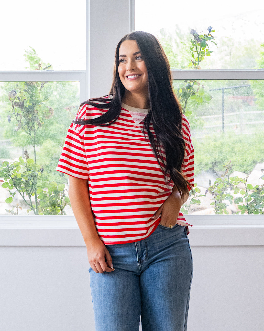 NEW! Hazel Contrast Striped Top - Red & Taupe