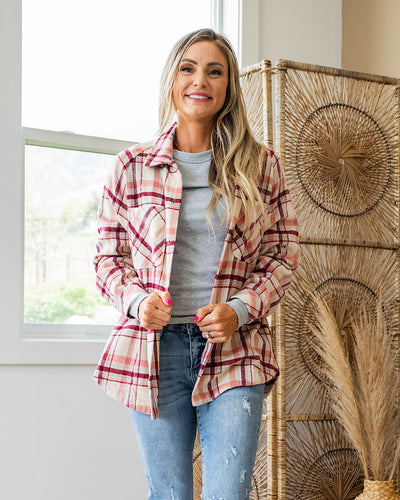 NEW! Aleisha Brushed Plaid Button Up Top - Pink