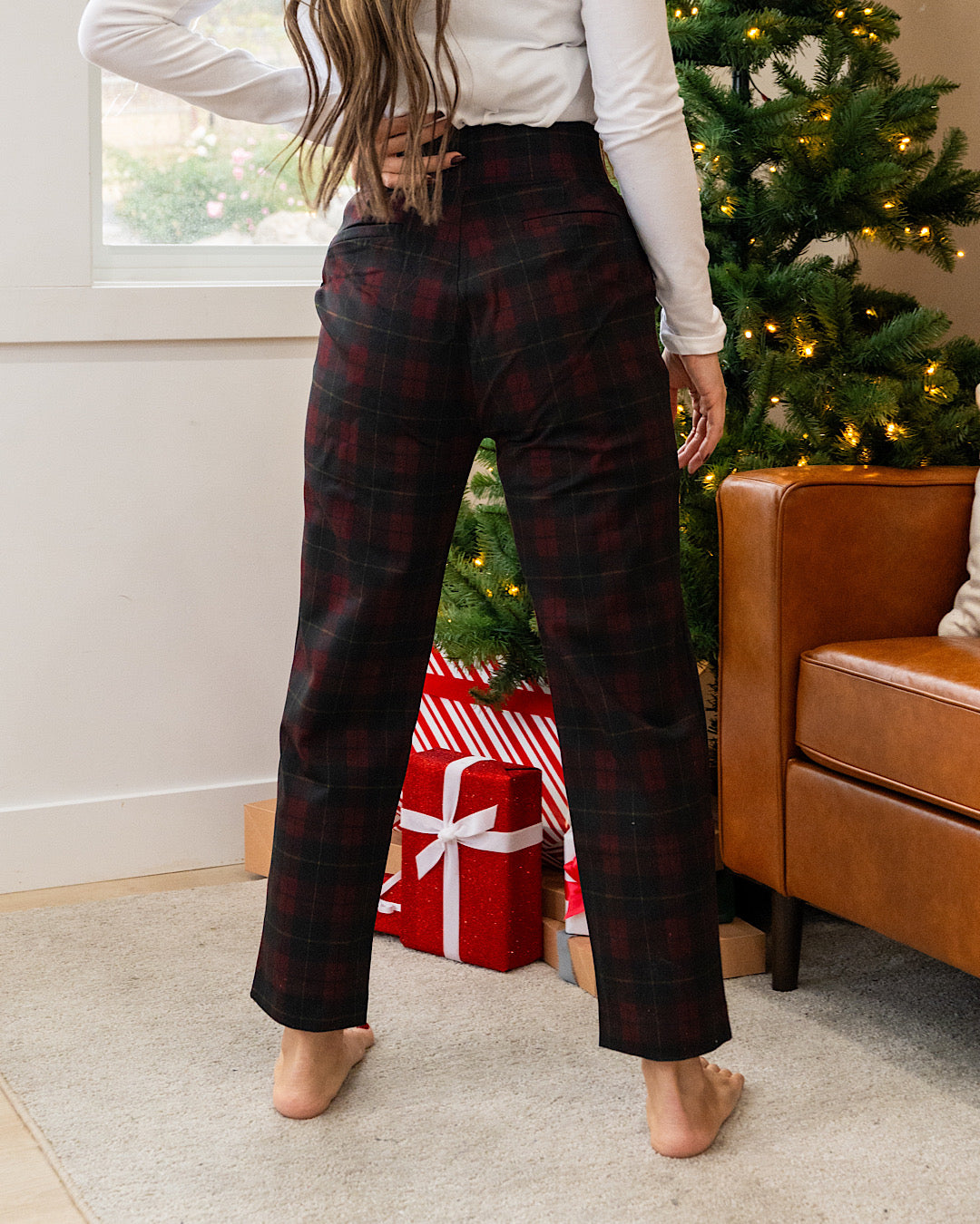 DOORBUSTER! Plaid Pleated Pull On Pants - Burgundy Zenana