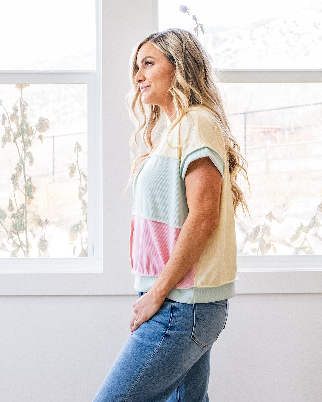 Pink Colorblock Top Clarity Micro Ribbed Color Block Top - Pink, Mint and Butter