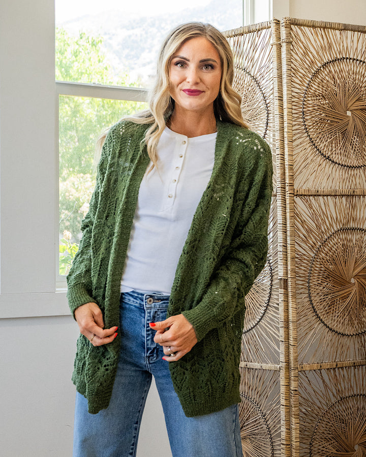 NEW! Roselin Pointelle Open Cardigan - Olive