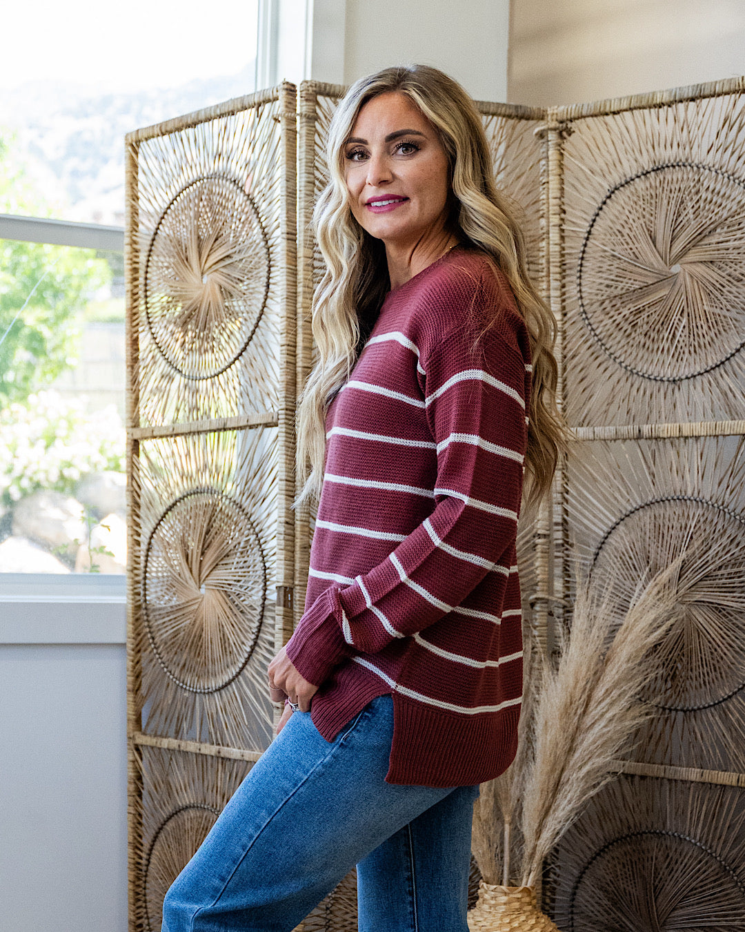 NEW! Andrea Striped Side Slit Sweater - Brick Be Cool