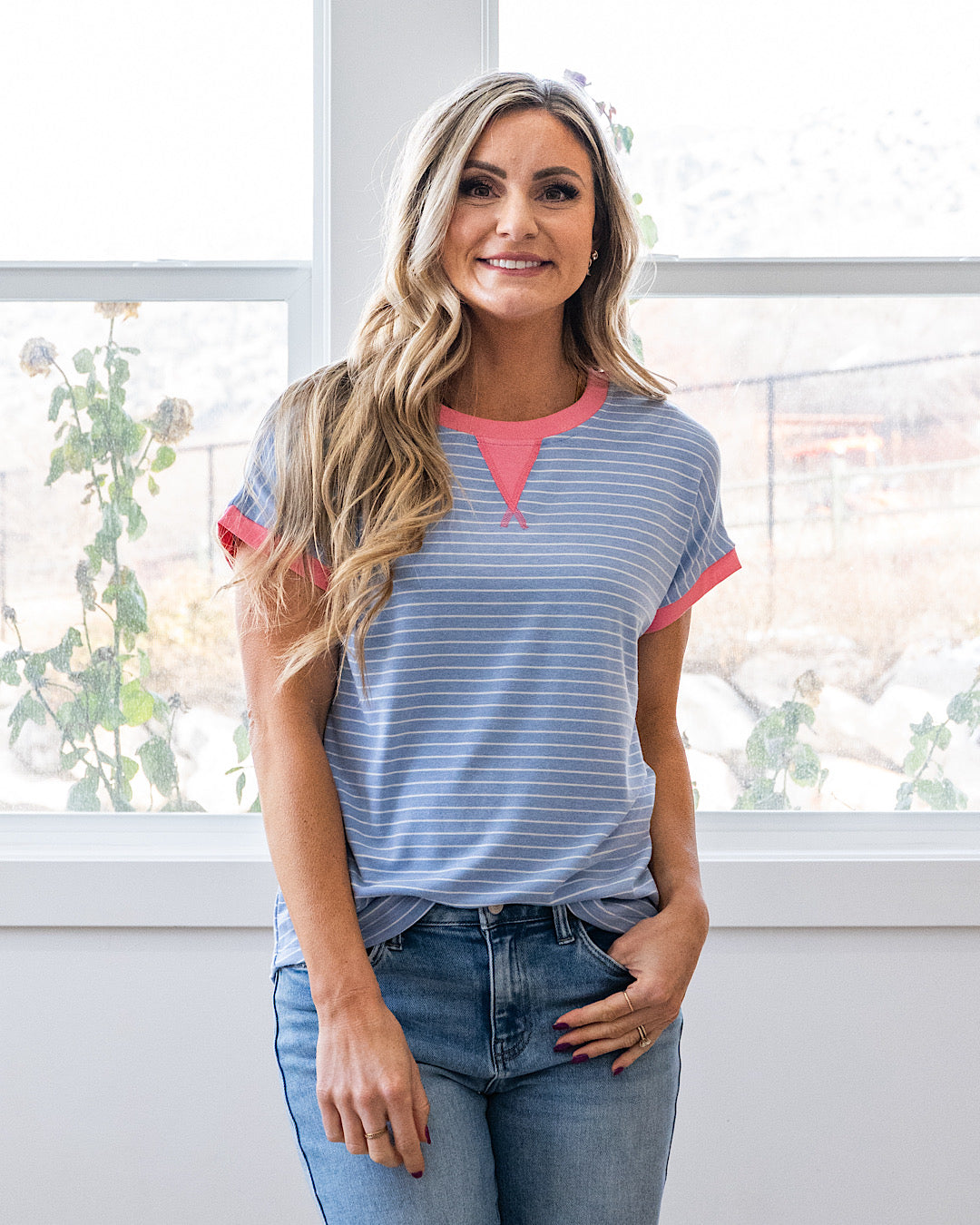 NEW! Izzy Striped Knit Top - Slate & Pink Staccato