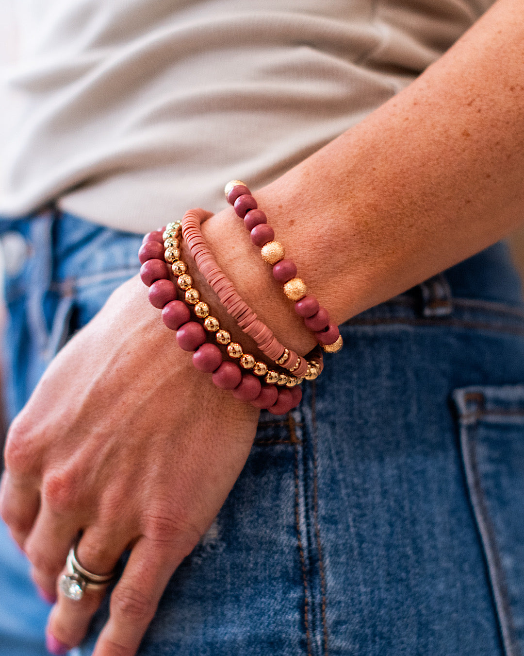 NEW! Wooden Bracelet Set - Dark Pink and Gold Trendy Wholesale