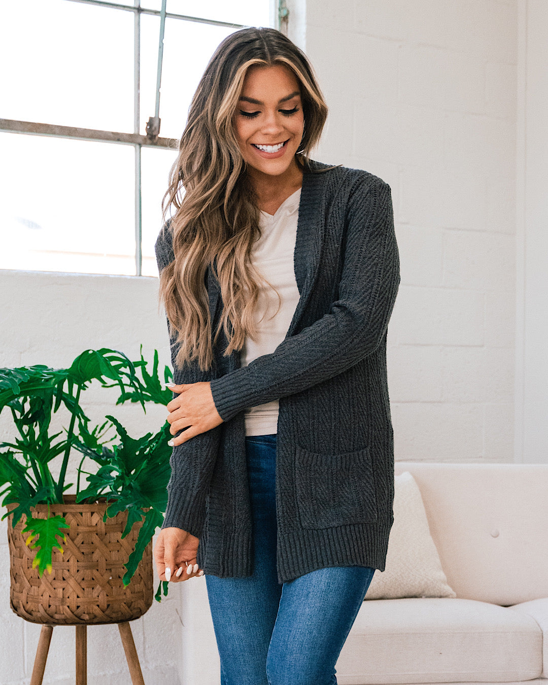 Textured Open Front Cardigan - Charcoal  Staccato   