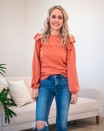McKenna Ribbed Ruffle Shoulder Top - Rust  Lovely Melody   