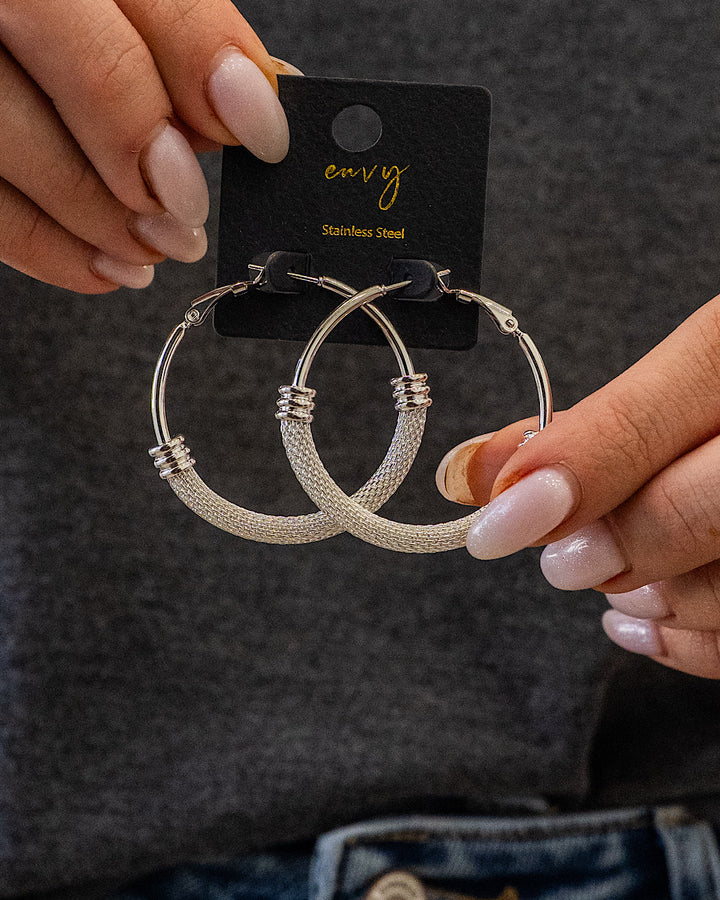 NEW! Stainless Steel Mesh Chain Hoop Earrings - Silver Trendy Wholesale