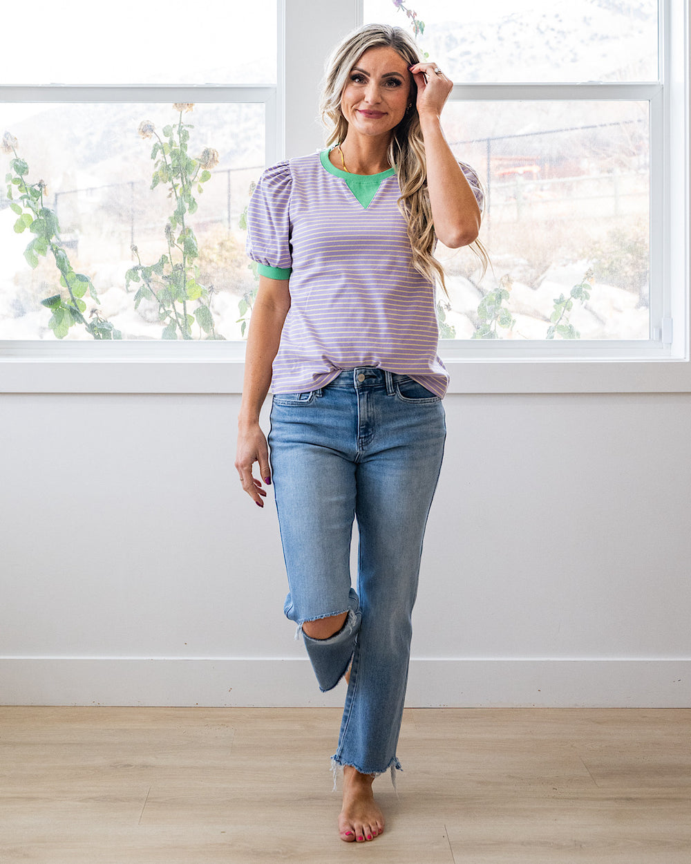 NEW! Becky Striped Puff Sleeve Top - Lavender & Green Staccato