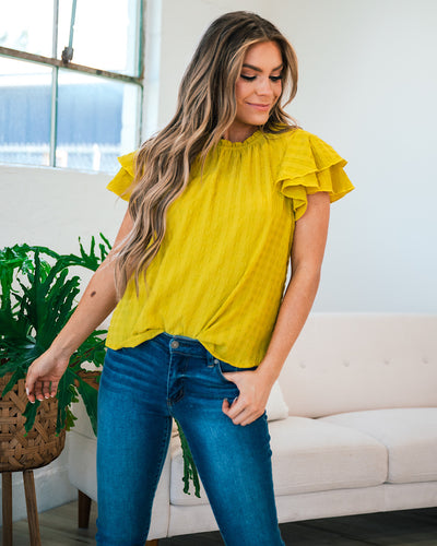 NEW! Jessica Chartreuse Ruffle Sleeve Top  Ces Femme   