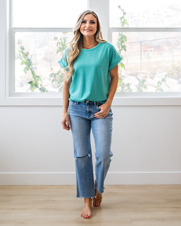 NEW! Melissa Roll Sleeve Top - Mint Staccato